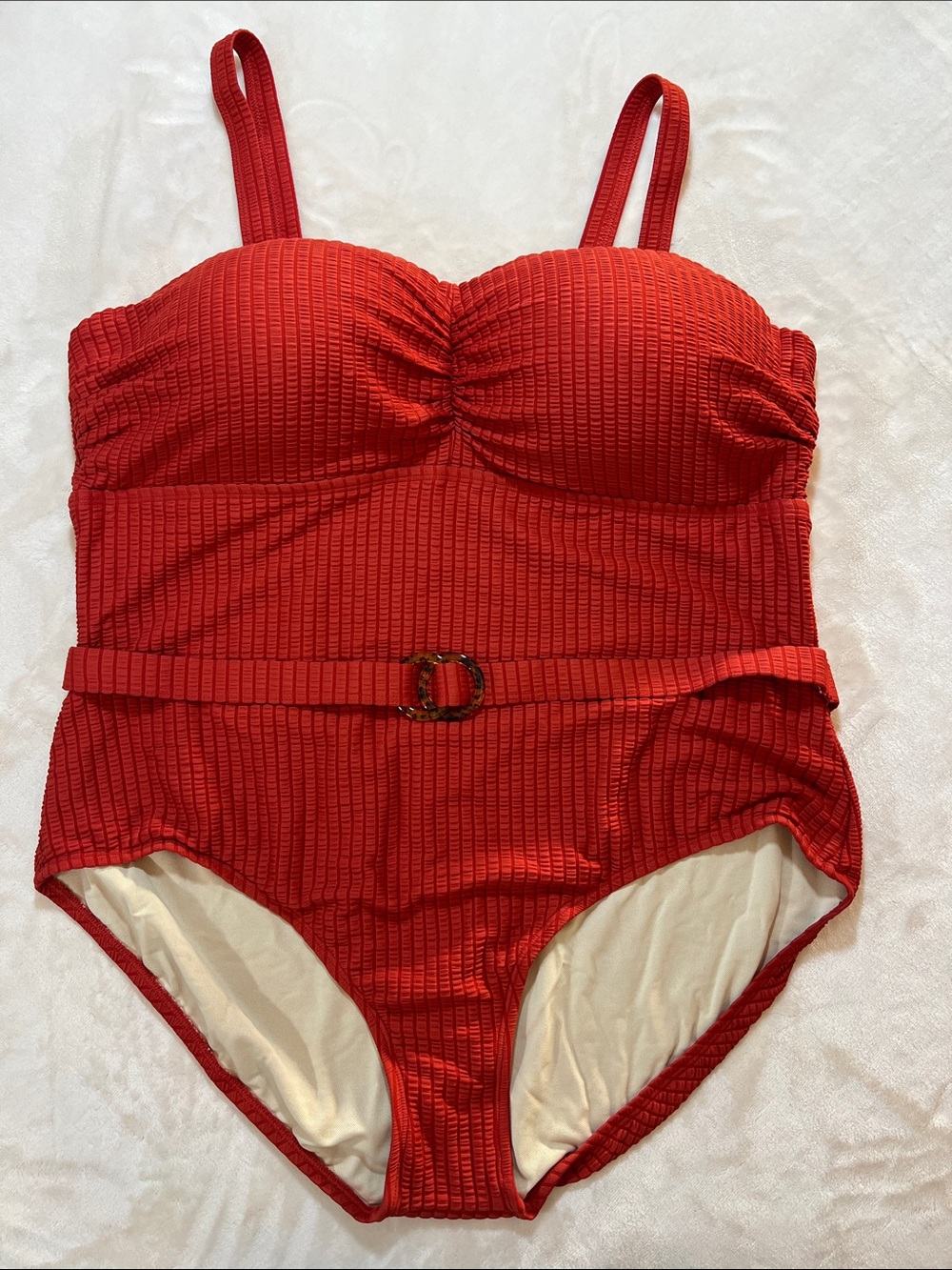 Susan Graver Brick Red One-Piece Swimsuit with Attached Belt. Size 20W. NWOT